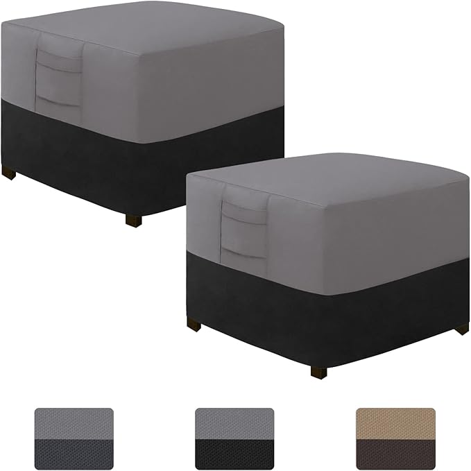 Easy-Going Outdoor Ottoman Cover, Waterproof Patio Ottoman Cover, Heavy Duty Outdoor Furniture Cover with Padded Handles (2 Pack-25"x25"x17", Gray/Black)