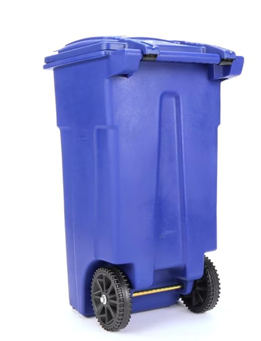 32 Gallon Blue Wheeled Recycling Trash Can with Hinged Lid – Municipal-Style Outdoor Recycling Container, Heavy Duty Rolling Bin Commonly Used by Cities, Homes, HOAs & Facilities