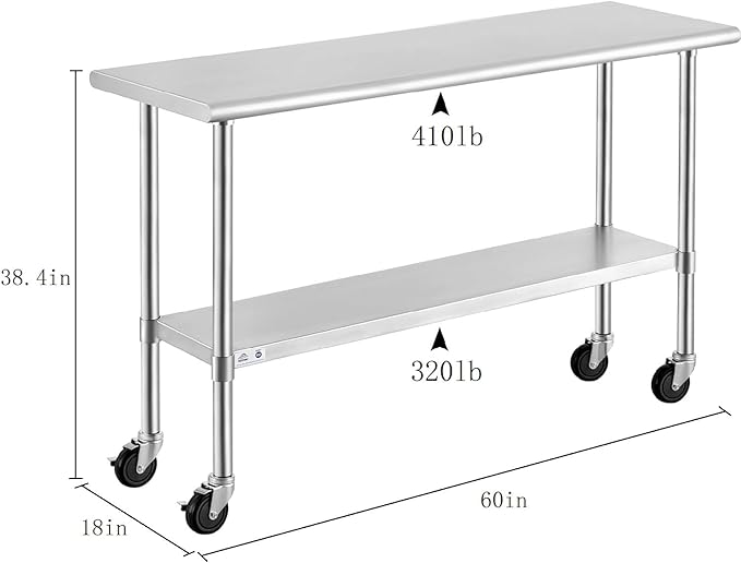 ROCKPOINT Stainless Steel Table for Prep & Work with Caster Wheels 18x60 Inches, NSF Metal Commercial Kitchen Heavy Duty Table with Adjustable Under Shelf and Table Foot for Restaurant, Home and Hotel