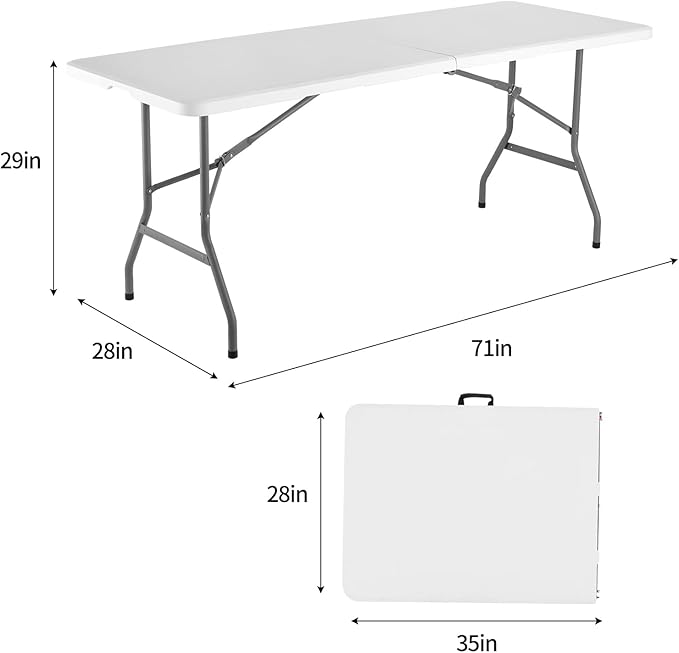 FWTI Deal Folding Table 6ft, Heavy Duty Portable, Built in Carrying Handle & Alloy Steel Legs for Party, Dining, Wedding, Events, Picnic, Indoor, Outdoor, Camping, Utility, White