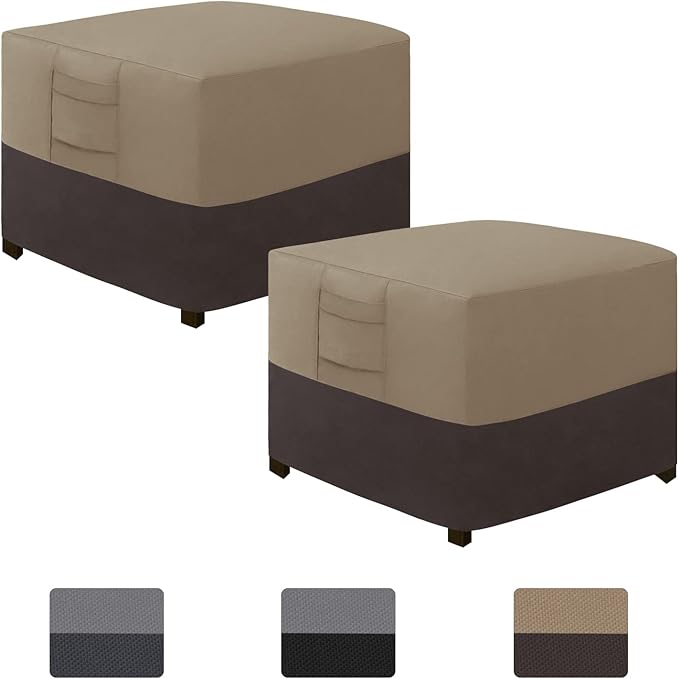 Easy-Going Outdoor Ottoman Cover, Waterproof Patio Ottoman Cover, Heavy Duty Outdoor Furniture Cover with Padded Handles (2 Pack-25"x25"x17", Camel/Dark Brown)