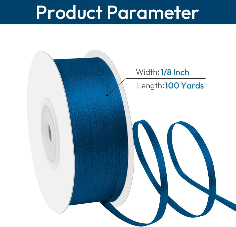 1/8" Width x 100 Yards Satin Ribbon, Thin Navy Blue Ribbon Perfect for DIY Craft, Bows, Gift Wrapping, Flower Bouquet, Valentine's Day, Christmas and Party Decoration