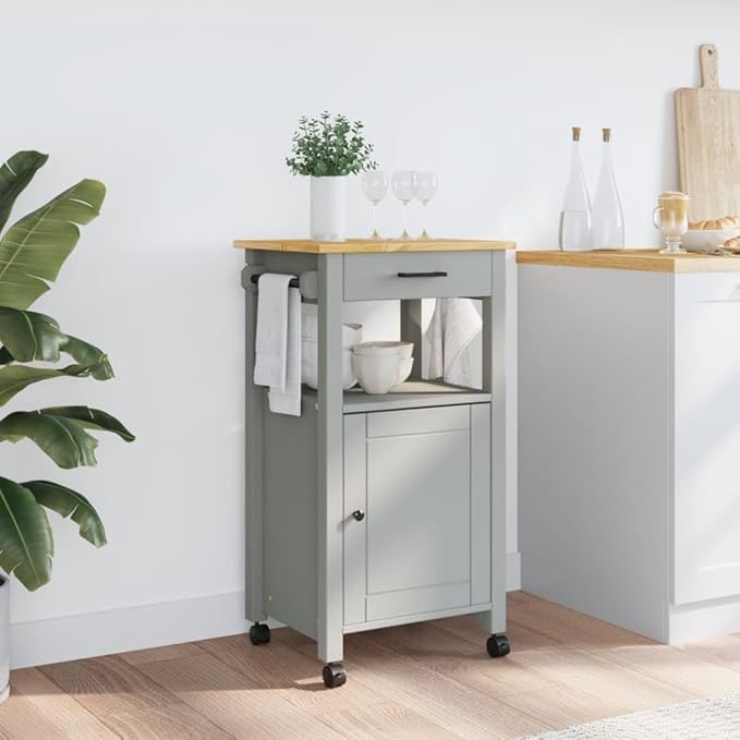 Kitchen Trolley Monza Rolling Kitchen Island Cart with Storage, Portable Dining Room Serving Utility Carts, Gray 18.9" x 15.7" x 35.4" Solid Wood Pine KH73A