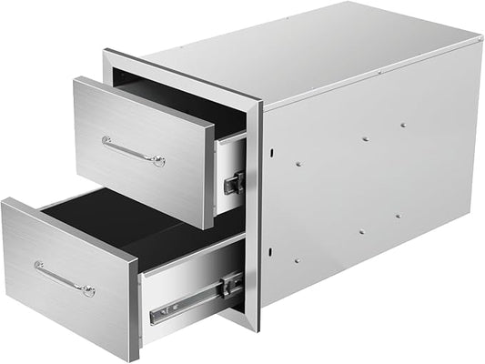 Outdoor Kitchen Drawers 14" W x 15" H x 23" D Flush Mount Double BBQ Drawers with Chrome Handle Stainless Steel Drawer for Outdoor Kitchen Island, Patio Grill Station
