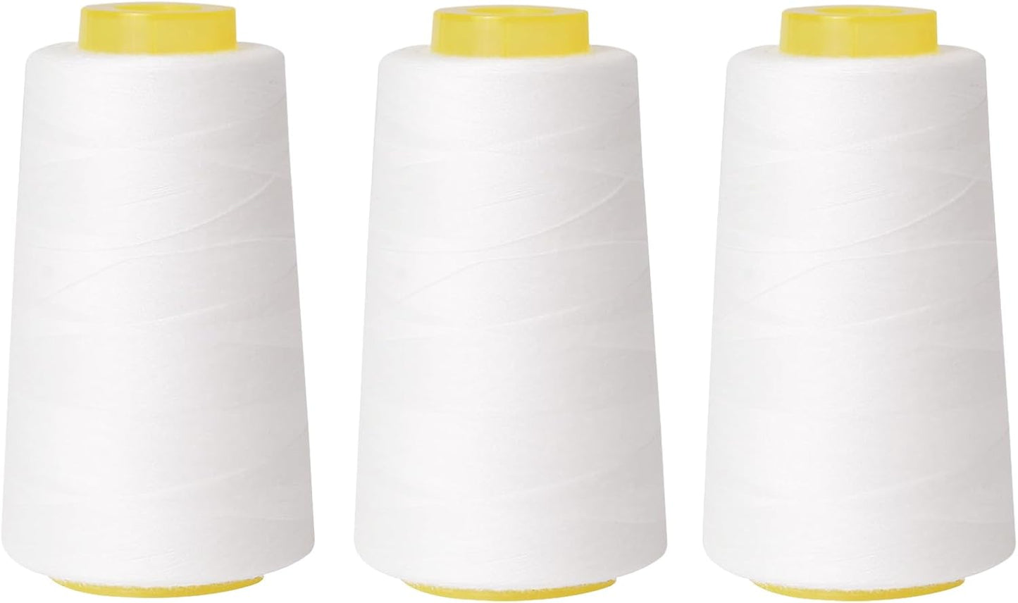 Sewing Thread Cone Set, 3 Pack Serger Thread, 3000 Yards Each, All Purpose Thread for Sewing, Quilting, Machines, Overlock, Merrow & Hand Embroidery (White*3)