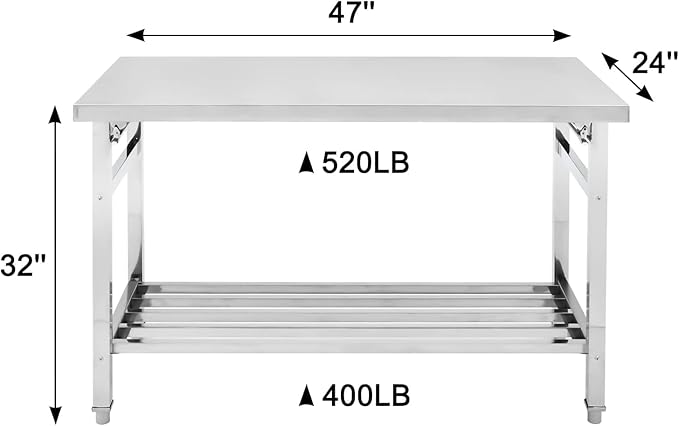 48''x24'' Stainless Steel Folding Preparation Table with Adjustable Undershelf, NSF Commercial Heavy-Duty Workbench, for Kitchen, Hotel, Home, Outdoor Cooking Table