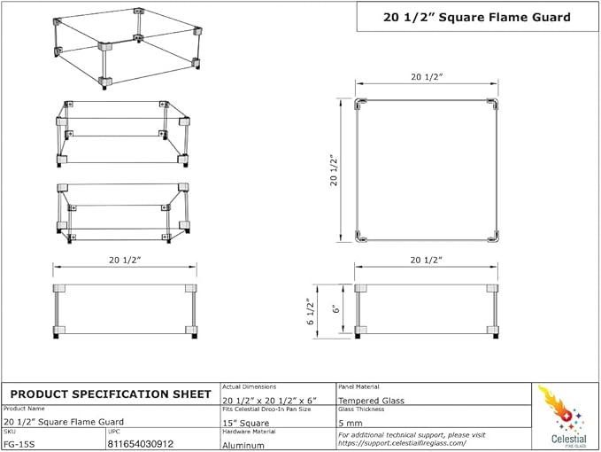 Celestial 20.5" x 20.5" x 6" Wind Guard, fits 15” Square Fire Pit Burner Pans for Gas Fire Pits