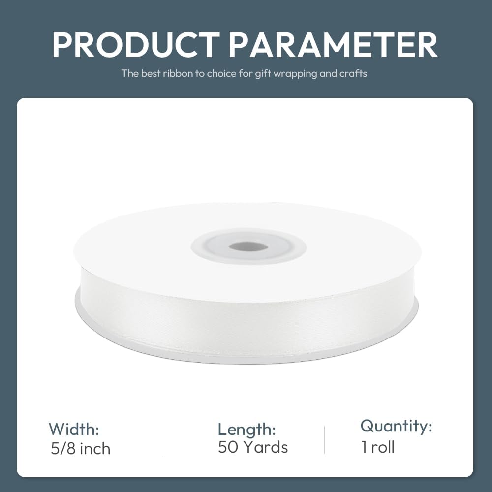 KMER LIFE 5/8" Wide x 50 Yards White Single Faced Polyester Satin Ribbon - Perfect for Wedding Decor, Wreaths, Crafts, Gift Wrapping & Other Projects