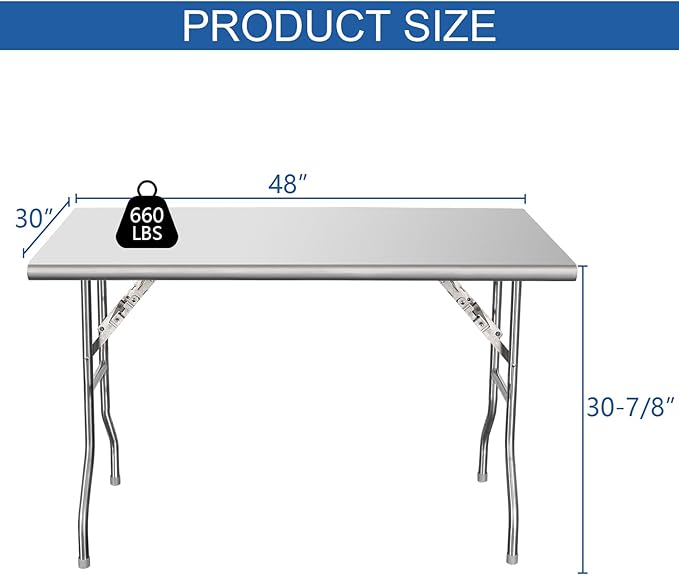 HARDURA Folding Stainless Steel Table 30X48 Inches with Legs NSF Commercial Portable Folding Prep Table for Restaurant Kitchen Home and Hotel