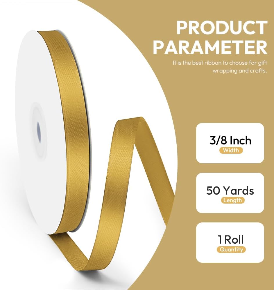 3/8" x 50 Yards Satin Ribbon - Gold Silk Ribbon with Spool - Ideal for Gift Wrapping, Floral Bouquets, Crafts, Wedding Party Decorations, Christmas and Sewing Projects