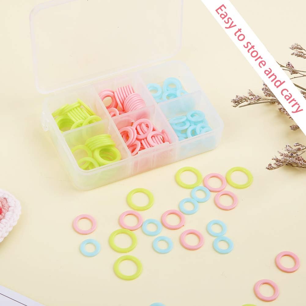 LUNARM 180 Pieces Stitch Markers for Crocheting, Knitting Random Colored Markers Rings(S/M/L), Crochet Locking Knitting Stitch Counter Needle Clip with Storage Box