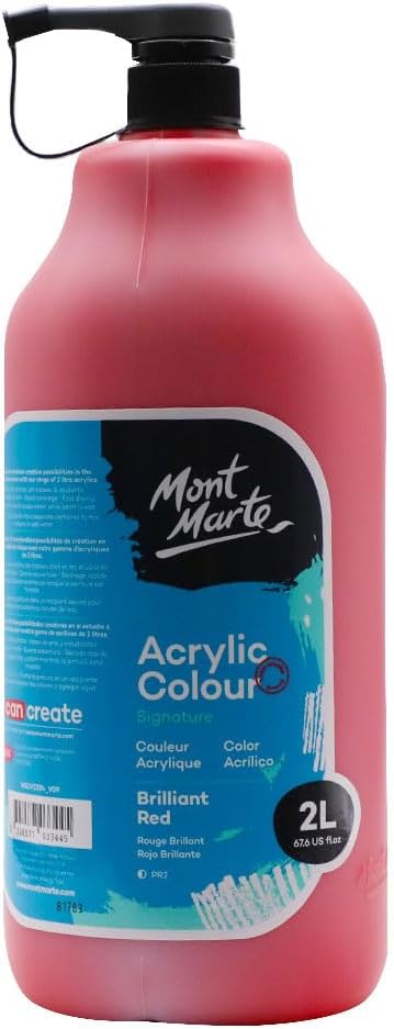Mont Marte Discovery School Acrylic, Brilliant Red, 1/2 Gallon (2 Liter). Ideal for Students and Artists. Excellent Coverage and Fast Drying. Pump Lid Included.