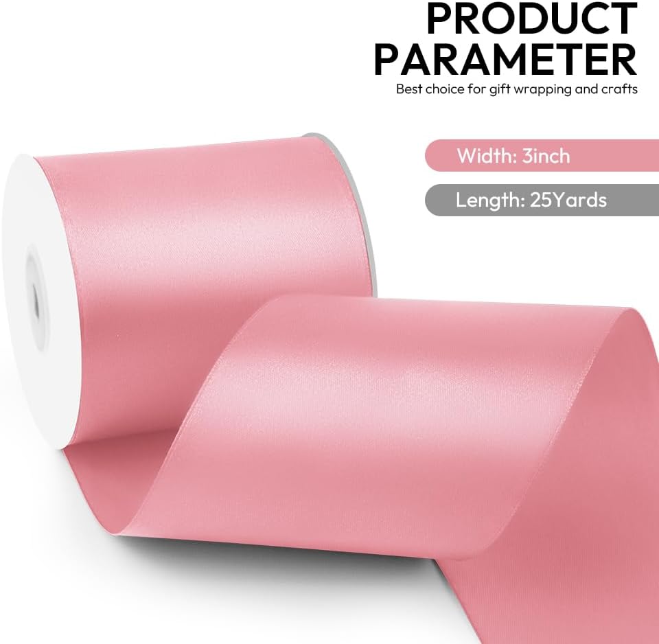3 Inch 25 Yard Wide Satin Ribbon Pink, Solid Fabric Large Ribbon Roll for Cutting Ceremony Wedding Opening Party Decoration, Chairs, Sewing, Festival Pageant Sashes