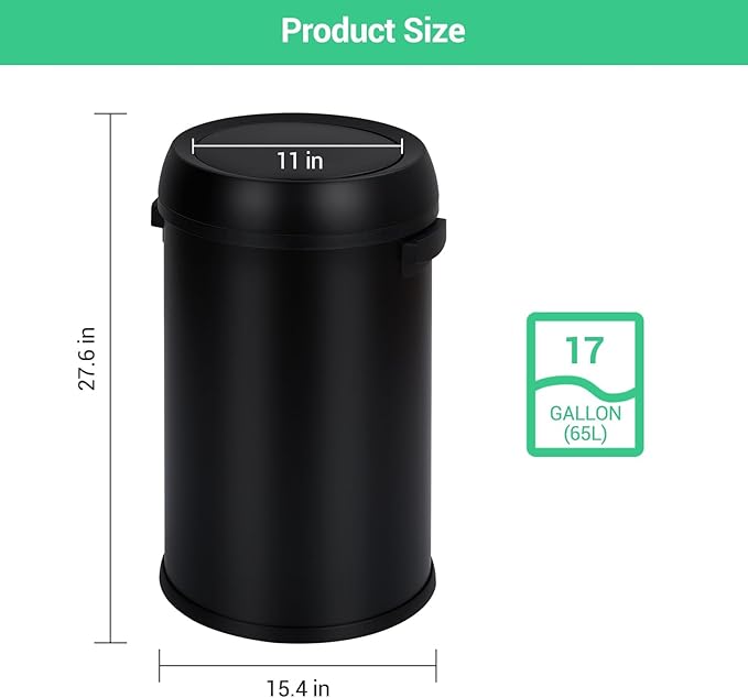 Commercial Grade Stainless Steel Kitchen Trash Can, 65L (17 Gallon) Heavy Duty Round Garbage and Recycling Bin with Fingerprint-Proof Swing Lid, Durable Indoor and Outdoor Use