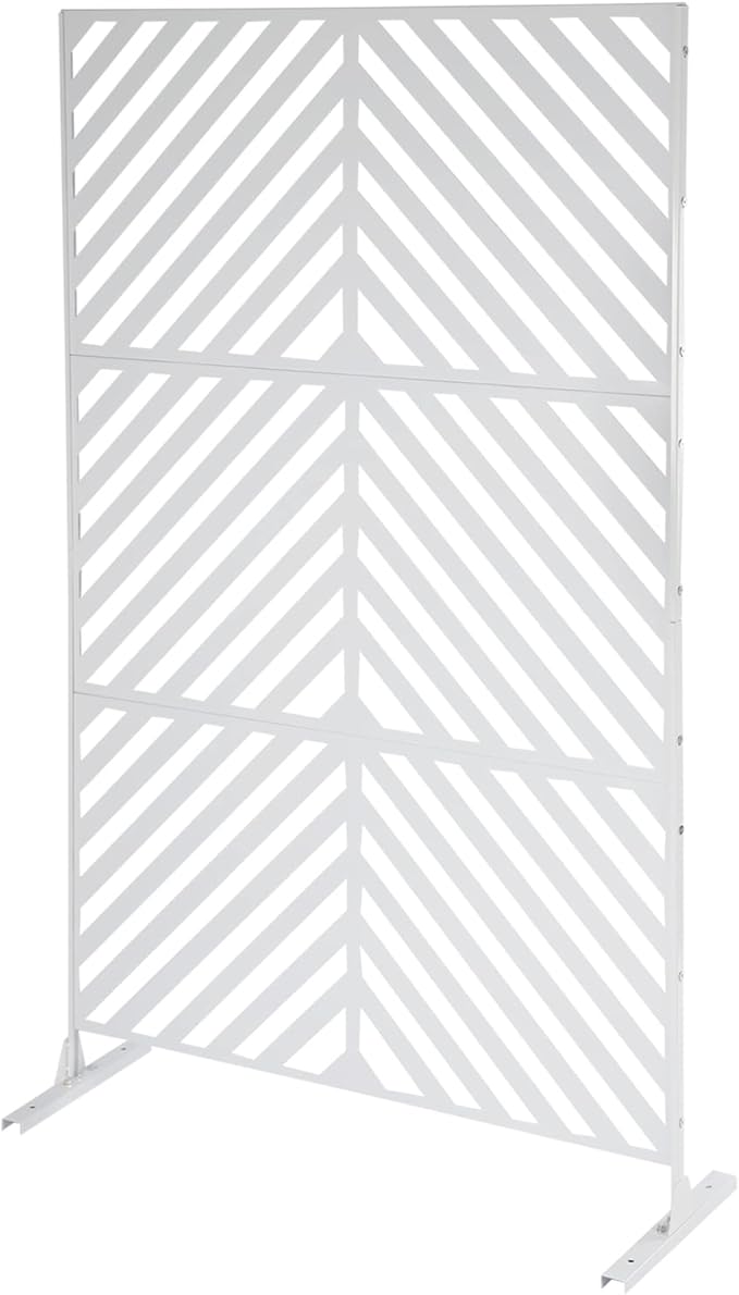 75" H×35" W Decorative Outdoor Privacy Screen with Stand, Outdoor Decor Privacy Fence Screen Metal Fence Panels, Free Standing Metal Divider for Patio Lawn Deck (White-Twill)