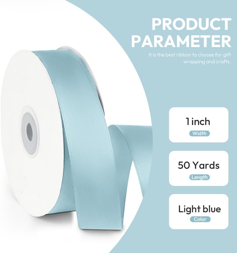 1" x 50 Yards Satin Ribbon - Light Blue Silk Ribbon with Spool - Ideal for Gift Wrapping, Floral Bouquets, Crafts, Wedding Party Decorations, Christmas and Sewing Projects