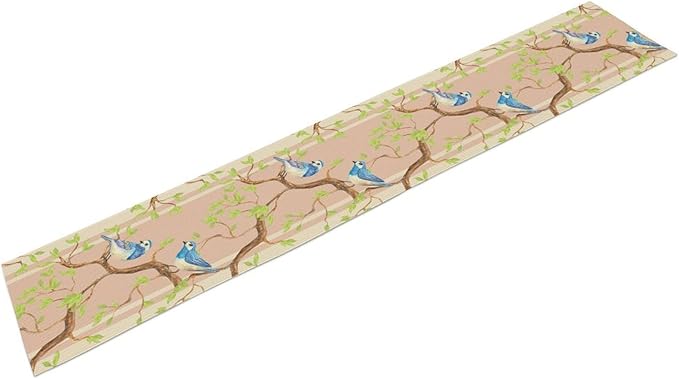 Watercolor Birds Table Runner,Spring Blue Bird Green Tree Table Runner for Kitchen Dining Table Holiday Farmhouse Home Party Decor 13x90in