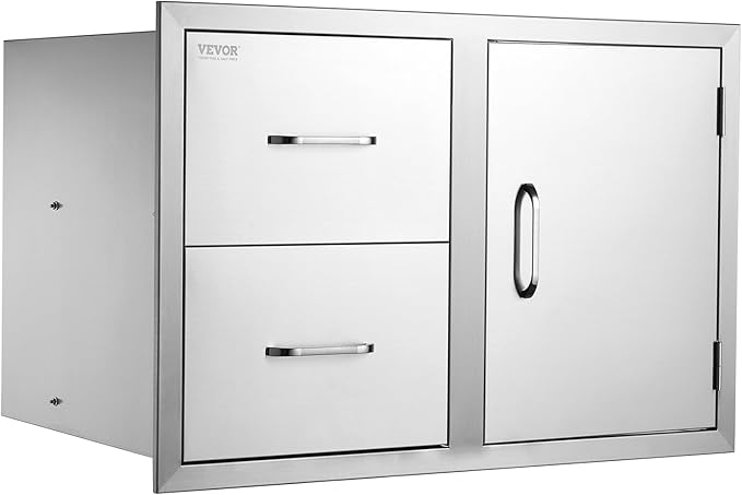 VEVOR Outdoor Kitchen Door Drawer Combo, 32.5" Wx21.7 Hx20.5 D, Access Door Double Drawers with Paper Towel Rack, BBQ Island Drawers with Stainless Steel Handles, 30.7" Wx20 Hx21 D Cutout Size