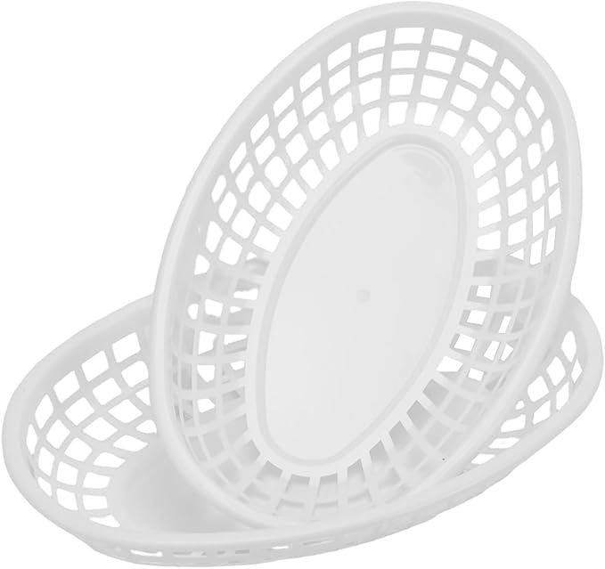 JAPCHET 70 Pack Fast Food Baskets, 9 x 6 Inch Oval Plastic Serving Baskets, Reusable Plastic Restaurant Food Basket for Hot Dogs Burgers Fries Sandwiches Birthday Party Picnics, White