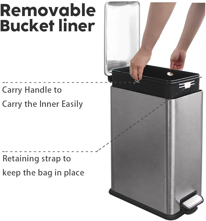 12 Gallon Slim Trash Can Kitchen, Stainless Steel Trash Can with Removal Inner Bucket and Soft-Close Lid, Pedal Garbage Can 45 Liter, Kohler Grey