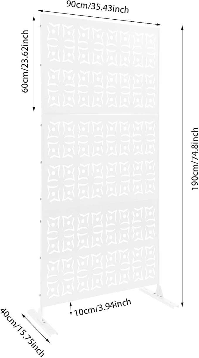 75" H×35" W Decorative Outdoor Privacy Screen with Stand, Outdoor Decor Privacy Fence Screen Metal Fence Panels, Free Standing Metal Divider for Patio Lawn Deck (White-Orchid)