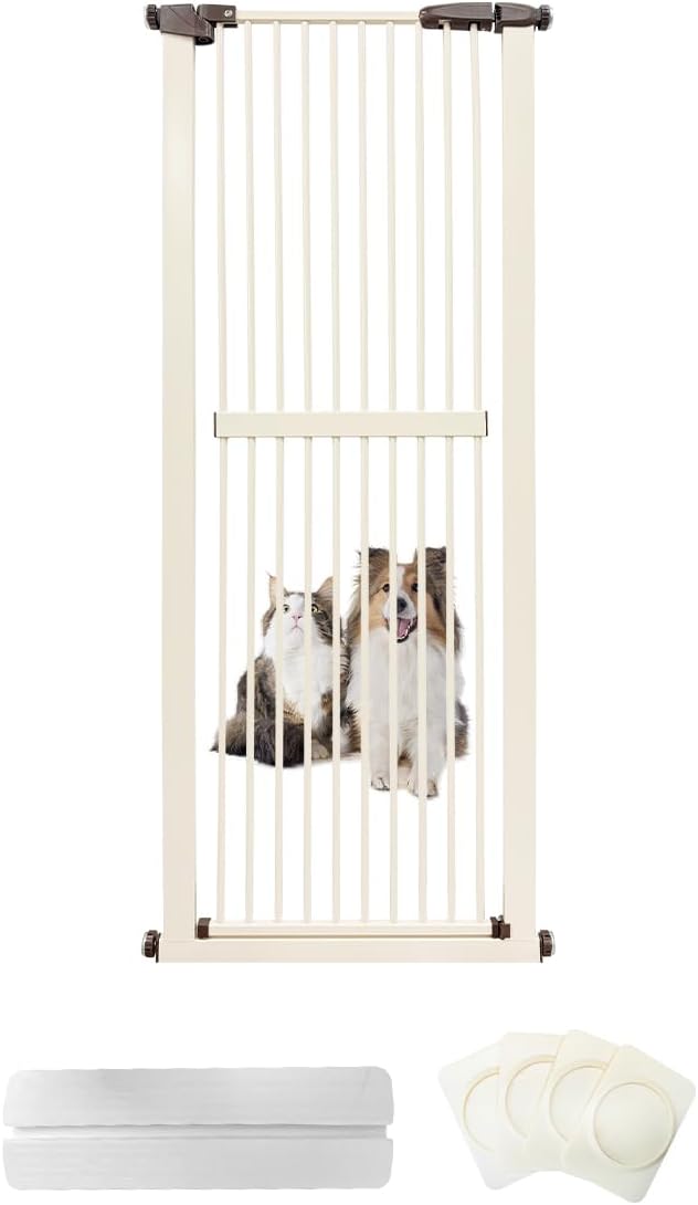 Lumizone Extra Tall Cat Gate 61.02" High Pressure Mounted Extra Wide 26.38"-30.11" (17Sizes) 1.37" Gap No Drilling Auto-Close Tall Pet Gate for Dogs (Cream, 26.38"-30.11" W)