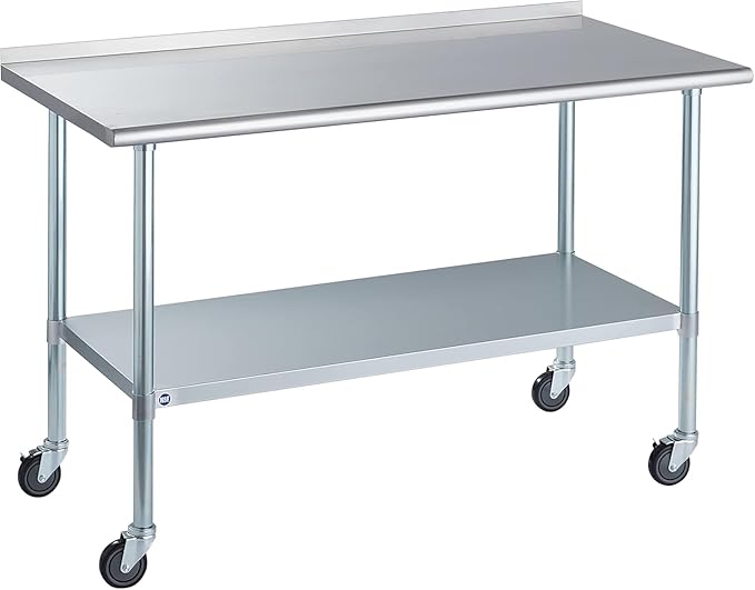 Stainless Steel Table for Prep & Work with Caster & Backsplash 30x60 Inches, NSF Metal Commercial Kitchen Heavy Duty Table with Adjustable Under Shelf and Table Foot for Restaurant, Home and Hotel