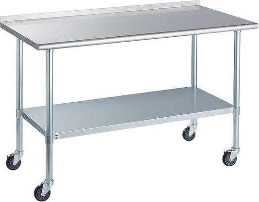 Stainless Steel Table for Prep & Work with Caster & Backsplash 30x60 Inches, NSF Metal Commercial Kitchen Heavy Duty Table with Adjustable Under Shelf and Table Foot for Restaurant, Home and Hotel