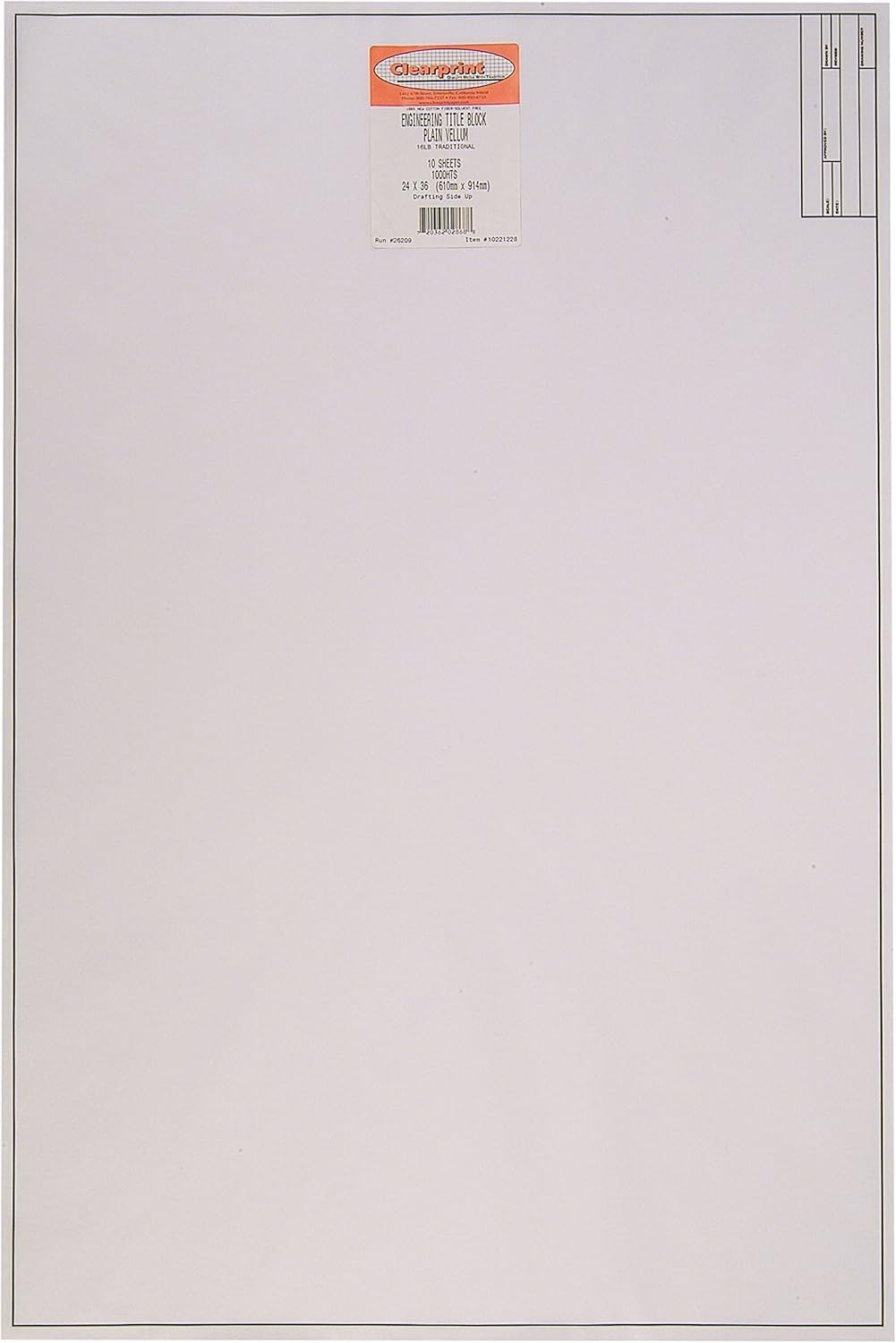 Clearprint 24" x 36" 1000H Design Vellum Sheets with Engineer Title Block, 16 lb., 100% Cotton, 10 Sheets Per Pack, 1 Each