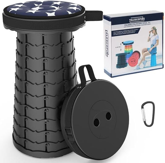 ALEVMOOM Telescoping Stool with Cushion, Collapsible Retractable More Sturdy Capacity 440Ib, Portable Camping Adjustable Folding Stool for Garden Fishing Hiking Mountain BBQ