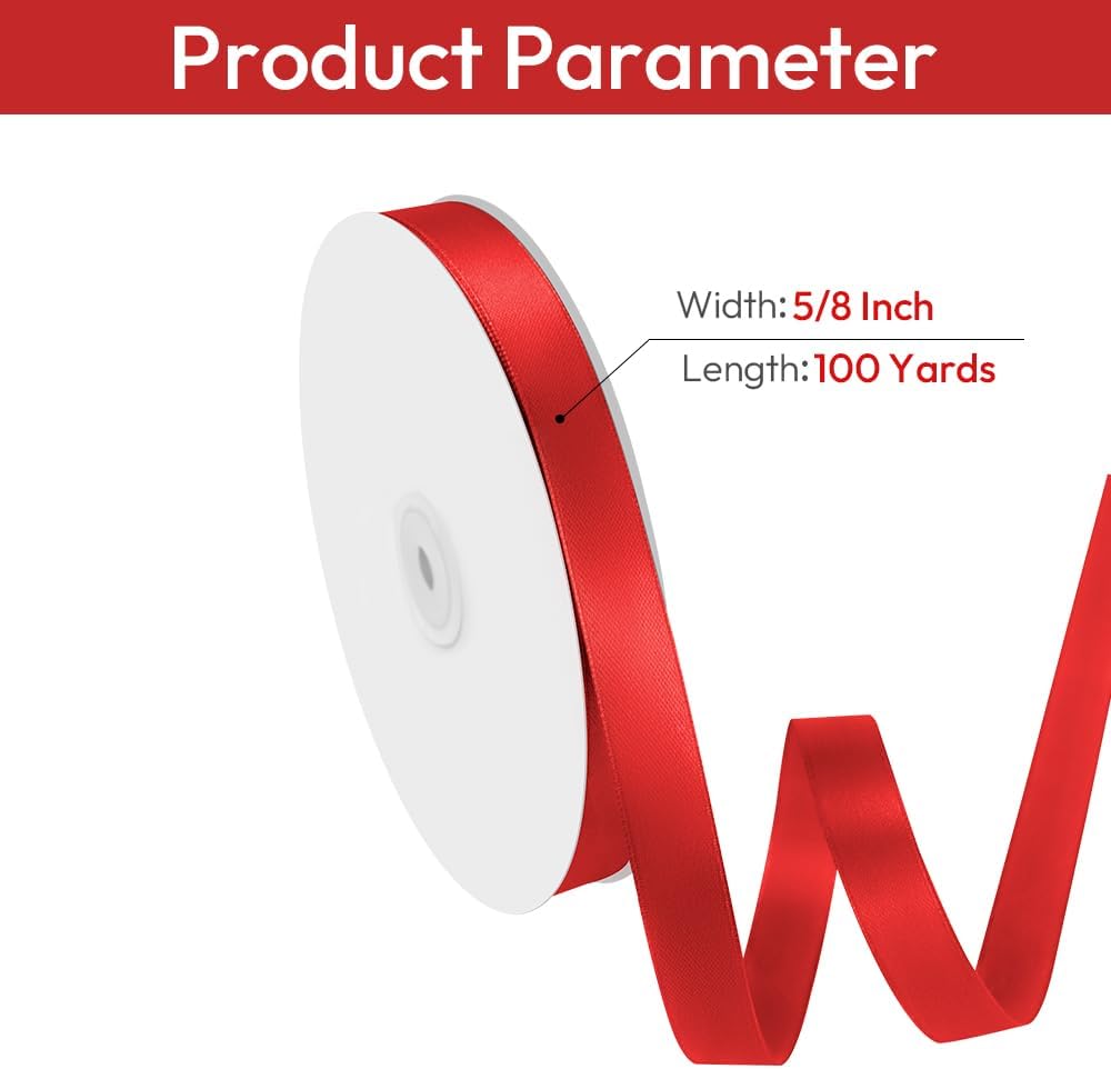 5/8" Width x 100 Yards Satin Ribbon, Red Ribbon Perfect for DIY Craft, Bows, Gift Wrapping, Flower Bouquet, Valentine's Day, Christmas and Party Decoration