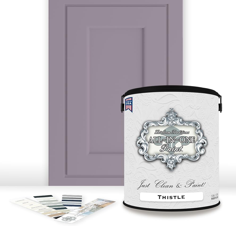 ALL-IN-ONE Paint, Durable cabinet and furniture paint. Built in primer and top coat, no sanding needed. Includes our 30 featured color card - Thistle (gray purple), Gallon