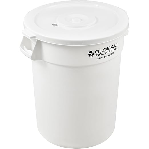 Global Industrial Commercial Round Trash Can, 32 Gallon Capacity, Plastic Garbage Can, Indoor and Outdoor Utility Trash Can, White, 21-3/4"W x 27-1/2"H, No Lid
