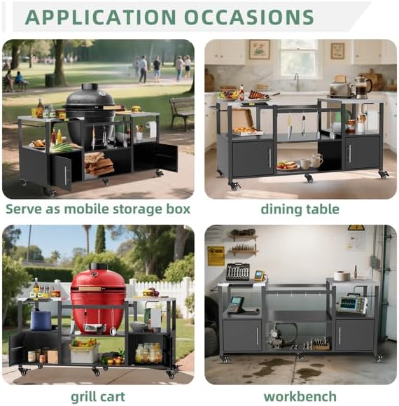 Heavy-Duty Outdoor Grill Cart with Stainless Steel Top, Rolling BBQ Prep Station Table for Large Ceramic Grills & Smokers, 67-Inch Metal Grill Stand with 2 Storage Cabinets, 6 Wheels, Black