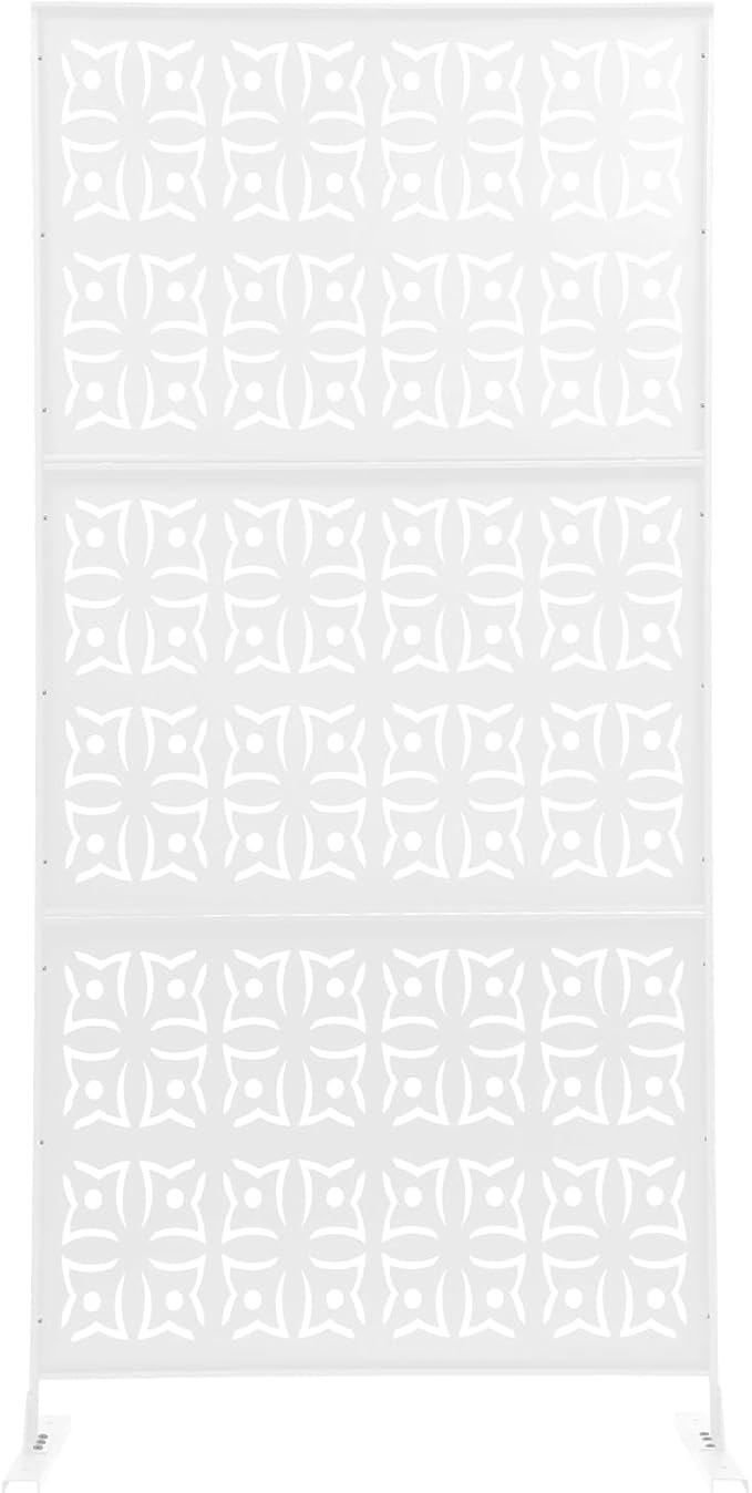 75" H×35" W Decorative Outdoor Privacy Screen with Stand, Outdoor Decor Privacy Fence Screen Metal Fence Panels, Free Standing Metal Divider for Patio Lawn Deck (White-Orchid)