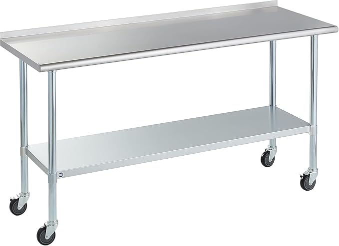 Stainless Steel Table for Prep & Work with Caster & Backsplash 24x72 Inches, NSF Metal Commercial Kitchen Heavy Duty Table with Adjustable Under Shelf and Table Foot for Restaurant, Home and Hotel