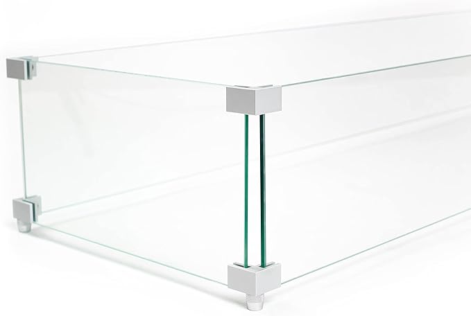 AMS Fireplace | Fire Pit Table Square/Rectangular Tempered Glass Wind Guard-Fire Flame Guard 1/4" Thick Wind Guard - Flame Guard ((43" Long x 13" Wide x 7 High) SS Hardware)