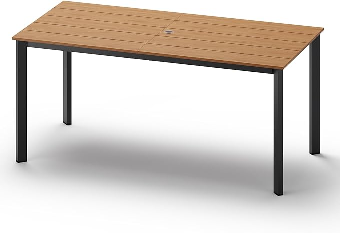 Outdoor Patio Dining Table, Aluminum & HDPS Outdoor Table with Umbrella Hole, All-Weather for Deck, Garden, Lawn, Backyard, Poolside and Indoor Use (Gray & Teak)