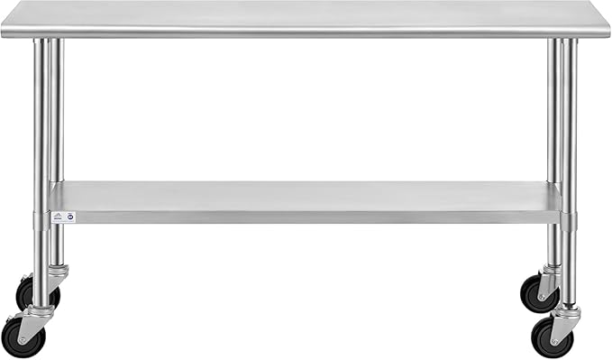 ROCKPOINT Stainless Steel Table for Prep & Work with Caster Wheels 18x72 Inches, NSF Metal Commercial Kitchen Heavy Duty Table with Adjustable Under Shelf and Table Foot for Restaurant, Home and Hotel