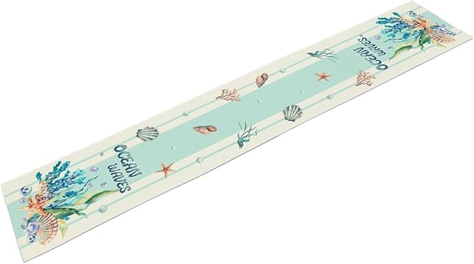 Nautical Coastal Table Runners, Blue Starfish Seashell Coral Summer Watercolor Undersea Ocean Waves Beach Table Center Decor for Holiday Party Kitchen Outdoor Farmhouse Table Decorations, 13" X 108"