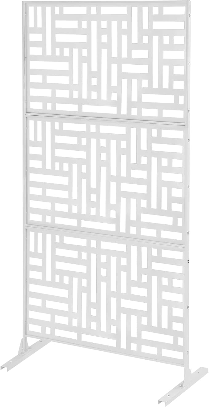 Metal Privacy Screen 75" H x 35" W Freestanding Outdoor Privacy Panels Fence Decorative Indoor Room Garden Divider with a H-Shaped Heavy-Duty Base for Balcony, Patio, Deck, Backyard (White)
