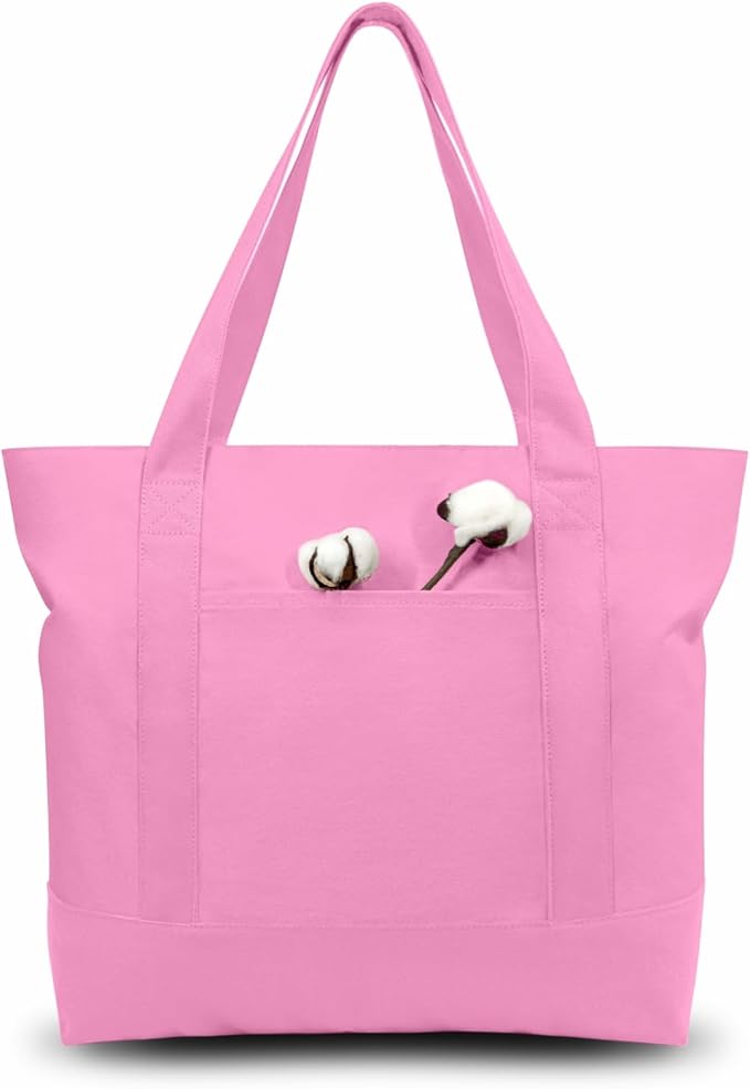 TOPDesign 6-Pack Canvas Tote Bags with an External Pocket, Reusable Grocery Shopping Bags, Top Zipper Closure, Daily Essentials (Pink)