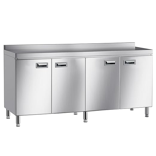 KINGBO 66.9" Stainless Steel Table Cabinet Heavy Duty Prep Table with 304 Stainless Steel Worktop Commercial Worktable Workbench with Storage Cabinet for Kitchen Garage Restaurant Outdoor