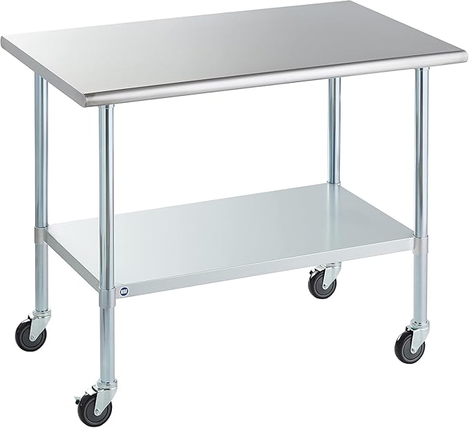ROCKPOINT Stainless Steel Table for Prep & Work with Caster Wheels 30x48 Inches, NSF Metal Commercial Kitchen Heavy Duty Table with Adjustable Under Shelf and Table Foot for Restaurant, Home and Hotel