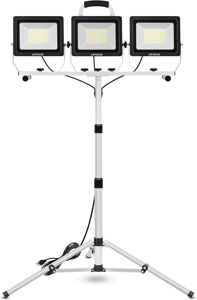UFOND 22000 Lumen LED Work Light with Stand,3 Head Portable Work Lights with Individual Switch,Waterproof Work Lamp, Adjustable Metal Telescoping Tripod with Power Cord