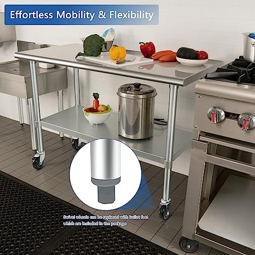 HARDURA Stainless Steel Table with Wheels 24 x 48 Inches Casters NSF Heavy Duty Commercial Work & Prep Table with Undershelf and Galvanized Legs for Restaurant Kitchen Bar and Hotel Garage