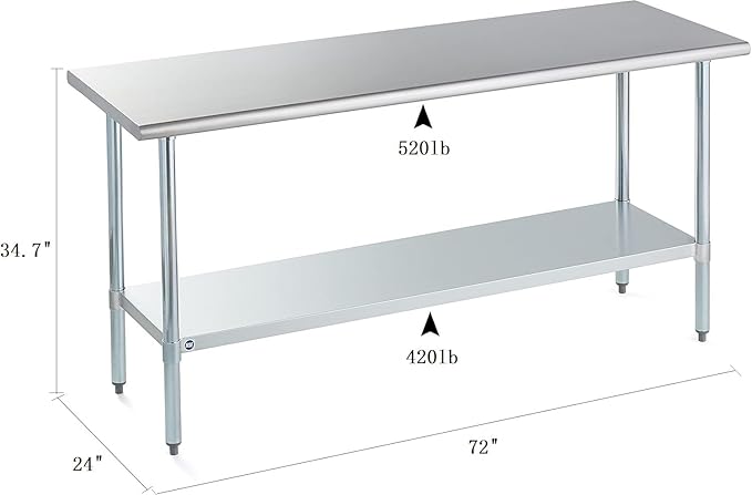 ROCKPOINT Stainless Steel Table for Prep & Work 24x72 Inches, NSF Metal Commercial Kitchen Heavy Duty Table with Adjustable Under Shelf and Table Foot for Restaurant, Home and Hotel