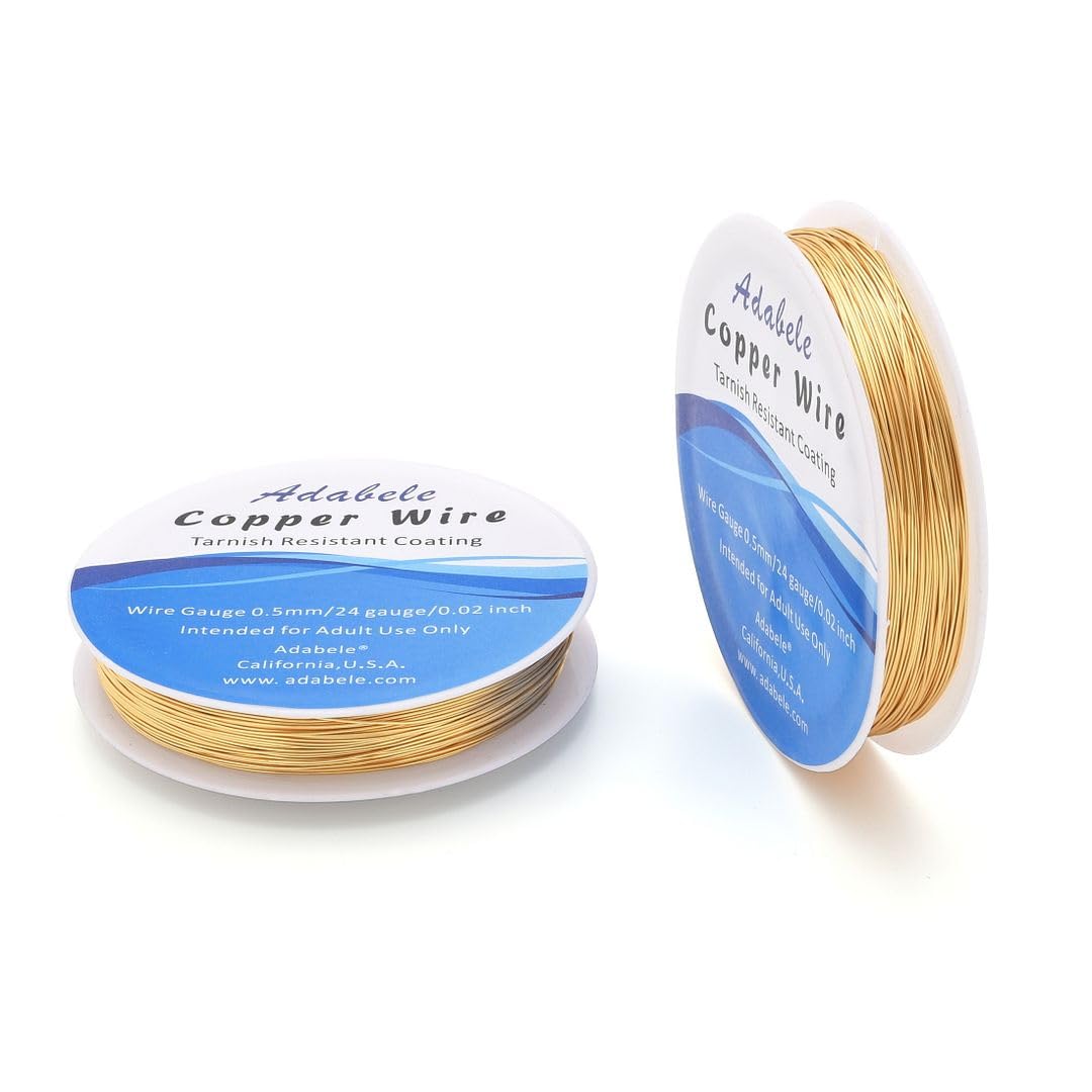 Adabele 147 Feet Premium Tarnish Resistant Round Jewelry Wire Copper Beading Wire Spool Bulk (0.5mm/24 Gauge) 18K Gold Plated for DIY Craft Jewelry Making BF286-5