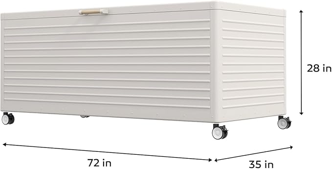 MIRADOR 281 Gallon Outdoor Storage Box Waterproof, Metal Deck Box with wheels for Patio Furniture, Garden Tools, Outdoor Cushion, Latte