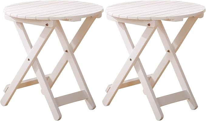 Small Round Folding Side Table Set of 2, Patio Foldable Wooden Outdoor End Tables for Indoor Porch Camping Living Room Bedside Couch, as Coffee Table or Plant Stand, White